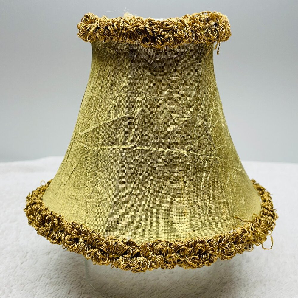 VGUC Vintage Clip-On Lamp Shade, Gold Crinkle Silk, Trim,  5 1/2" T x 6" D, 2of2